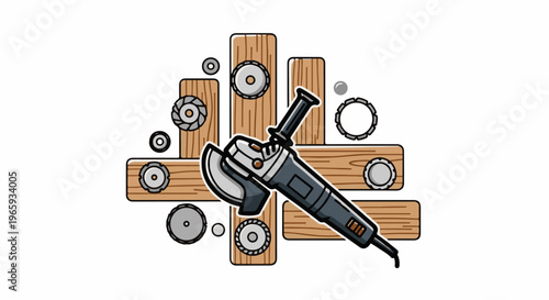 A cartoon angle grinder rests on wooden planks surrounded by various cutting discs
