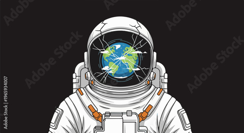 Astronaut helmet reflects a cracked Earth with clouds and stars against black