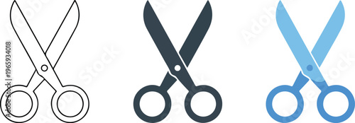 Minimalist scissors vector icons set featuring open blades in outline silhouette and blue color flat designs isolated on white background 