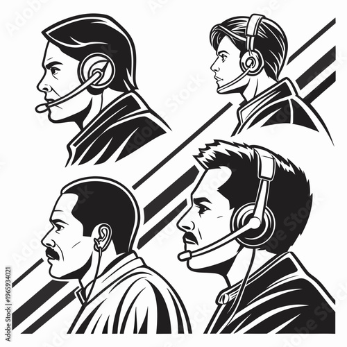 Set of four stylized monochrome portrait illustrations featuring professional male and female commentators wearing headsets against dynamic backgrounds