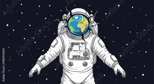 Cracked astronaut helmet reveals Earth, floating in a starry void