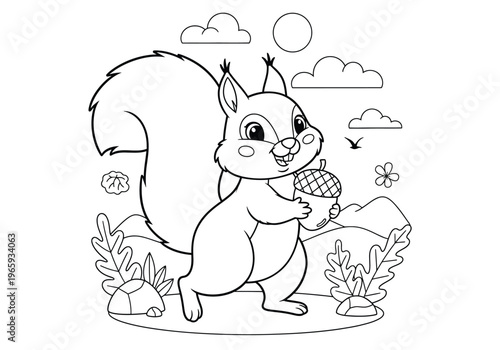 Cute cartoon squirrel holding an acorn in the forest, coloring page for kids, line art illustration of a happy woodland animal with a big bushy tail, simple drawing for children