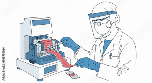 Scientist in protective gear uses a microtome to prepare thin tissue slices for examination