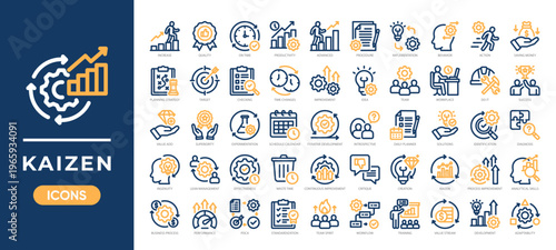 Kaizen icon set featuring continuous improvement, productivity, workflow optimization, and lean management. Simple two tone vector.