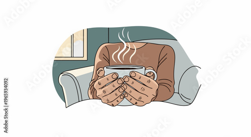 Person holding a warm mug of coffee while seated on a couch near a window