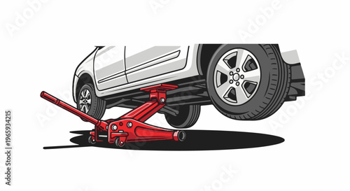 A red jack is lifting a white vehicle, raising one tire off the ground