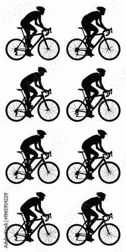 Road cyclist silhouette set featuring professional riders in aero position on racing bikes for endurance training competitions and triathlon events