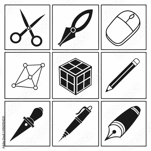 Creative design tools icon set featuring scissors mouse cube and various writing instruments like pencils and pens for graphic designers and artists
