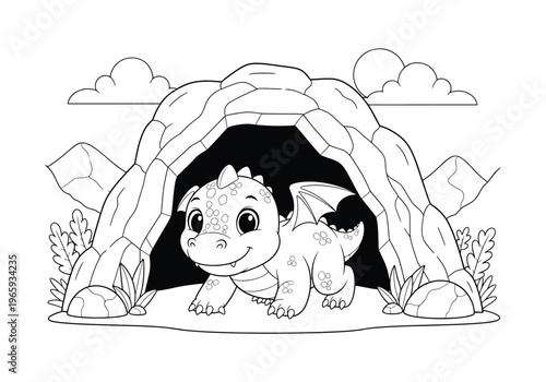 Cute baby dragon standing in front of a rocky cave entrance, cartoon illustration for coloring book page for kids