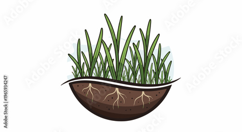 A stylized depiction of green grass with visible roots beneath the soil