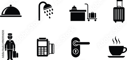 Hotel service icons set, hospitality symbols, reception, luggage, shower, coffee, payment terminal, room access, black silhouettes isolated on white background