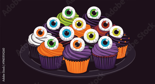 A platter filled with festive Halloween cupcakes, decorated with whimsical eyeballs
