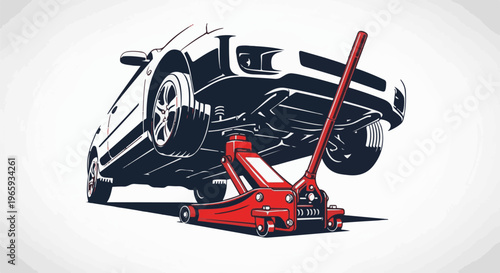 A red car jack lifts a car for maintenance, revealing its undercarriage and wheels