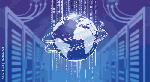 A digital globe pulses with binary code amidst abstract structures, representing global data flow