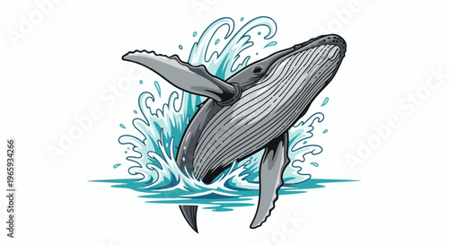 A stylized gray whale breaches from stylized blue ocean waves