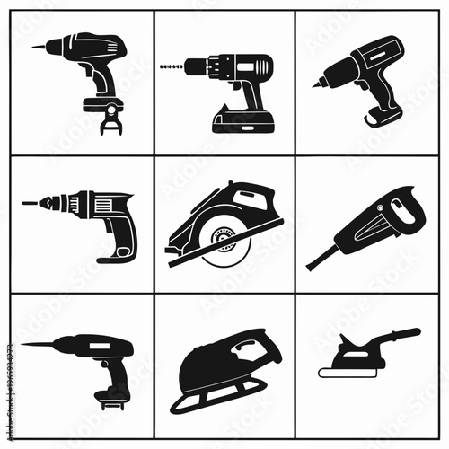 Power tools flat black white icons set with electric drill screwdriver jigsaw isolated vector illustration for building and renovation works