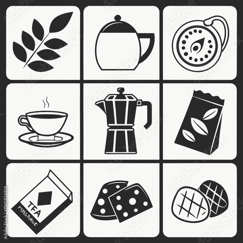 Set of tea and coffee related icons leaves teapot cup compass moka pot bag cookies and french press for breakfast