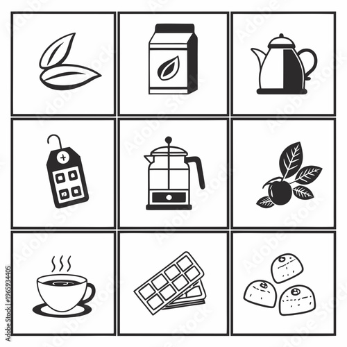 Collection of hot beverage icons tea leaves milk carton kettle french press cup chocolate bar and pastries for relaxing moments