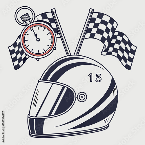 Racing helmet with number 15, stopwatch and checkered flags, essential elements for motorsport competition vector illustration