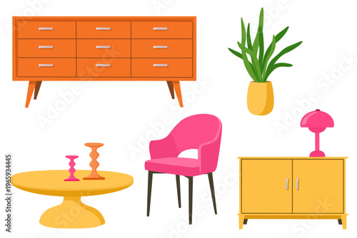 Dopamine decor interior furniture set with retro orange dresser, yellow sideboard, pink armchair, coffee table and houseplant in pot on a transparent background.