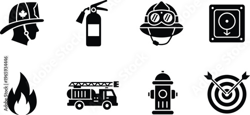 Fire safety icons set, firefighter helmet extinguisher truck hydrant flame alarm target, emergency protection symbols, rescue equipment, prevention concept illustration