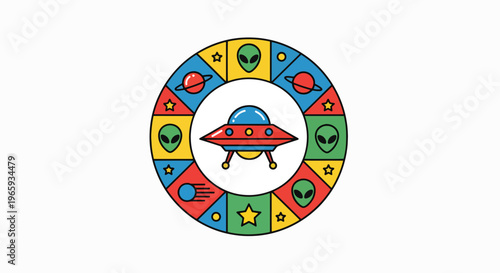 A colorful illustration of a UFO surrounded by various symbols and icons in a circular pattern on a white background, representing a playful extraterrestrial theme for a world on a specific