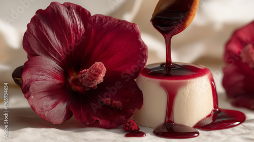 Deep crimson sorrel (hibiscus) reduction being poured over a vanilla panna cotta, garnished with fresh hibiscus flowers.