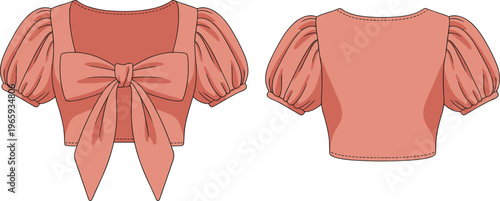 Peach pink puff sleeve crop top vector illustration featuring front bow tie and back view fashion design template