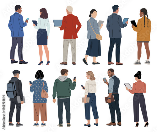 Diverse group of people stands, each holding a digital device. They appear focused, engaged with screens or content. Urban professionals and commuters interact with technology daily