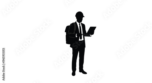 Silhouette of a professional engineer or architect wearing a hard hat, suit, and backpack, holding a tablet device