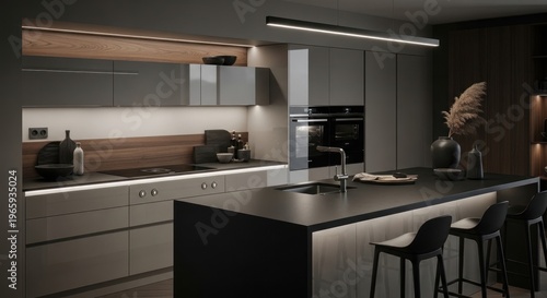 Modern kitchen interior design featuring stylish cabinetry and countertops