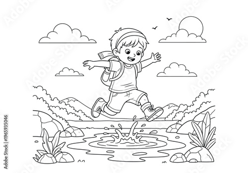 Coloring page for children with a happy boy jumping over a puddle in a beautiful nature landscape with mountains, clouds, and plants, line art illustration