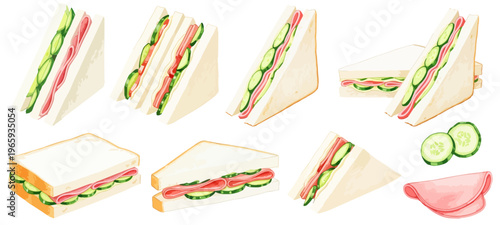 ハムサンドの水彩風イラストセット｜きゅうり入りサンドイッチ・ミックスサンド・カフェ素材