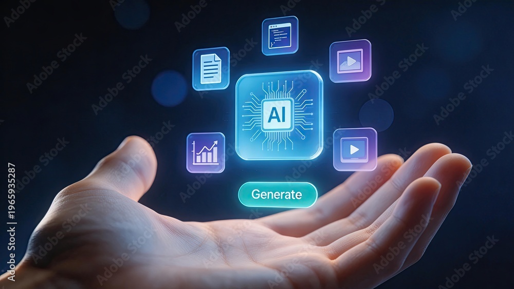 Fototapeta premium Hand holding glowing AI chip icon with digital interface futuristic technology concept artificial intelligence generation data processing innovation neural network machine