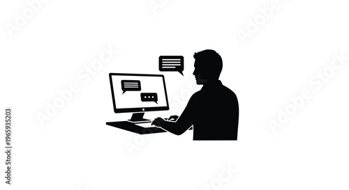 Silhouette of a man sitting at a computer desk, typing on a keyboard and communicating via online chat, digital messaging, or customer support service icon
