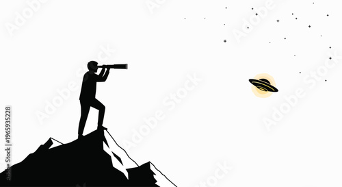 A silhouette of a person standing on a mountain peak, looking through a telescope at a UFO flying in the sky on a day with stars, against a white background.