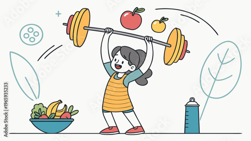 Little girl lifting barbell with fruits. Healthy lifestyle, wellbeing, dieting concept. Vector illustration. vector icon