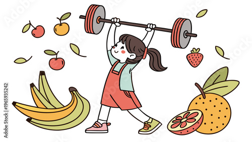 Little girl lifting barbell with fruits. Healthy lifestyle, wellbeing, dieting concept. Vector illustration. vector icon