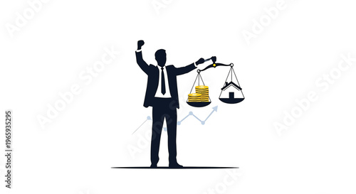 Businessman holding a balance scale with coins and a house, representing the balance between financial investment and real estate property