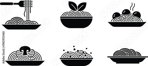 Stylized Pasta Dish Icons Collection Featuring Spaghetti, Meatballs, Basil, Cheese, and Sauce Silhouettes for Italian Food, Culinary Design, and Restaurant Visuals