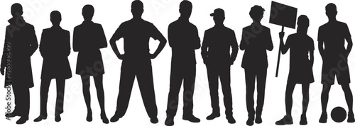 Large group of diverse black silhouettes featuring people from different professions including a student athlete and activist isolated on white background for community concepts