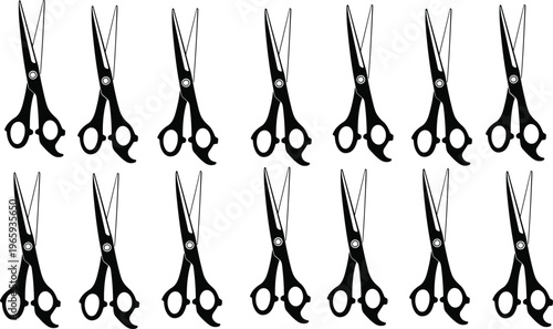 Set of black silhouettes featuring professional hair salon scissors and barber shears in various open positions isolated on white background for hairstyling and beauty concepts