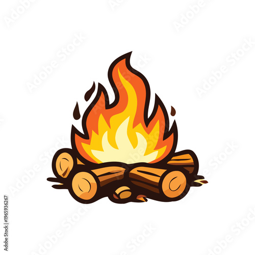 Campfire vector illustration with burning orange flames and wooden logs on white surface