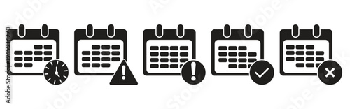 Calendar Icons with Time, Alert, and Status Symbols. Weekly calendar icon. Outline and flat style. 