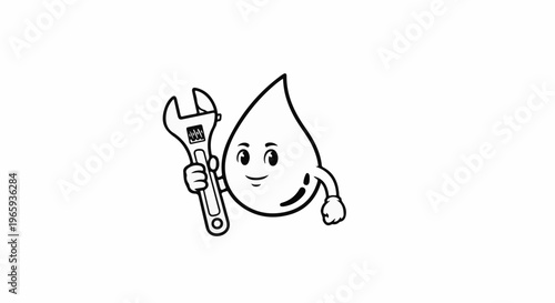 Cartoon water drop character holding an adjustable wrench