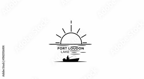 Lone angler casts line from boat on water beneath stylized rising sun and lake name
