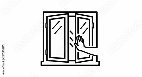 Line art of a hand opening a pair of double doors with reflective glass panes