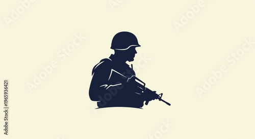 Silhouette of a soldier in helmet holding rifle, profile view