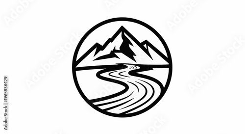 Minimalist emblem of a winding river flowing past jagged mountains
