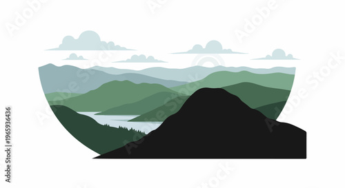 Serene mountain landscape with layered hills, a lake, and a cloudy sky